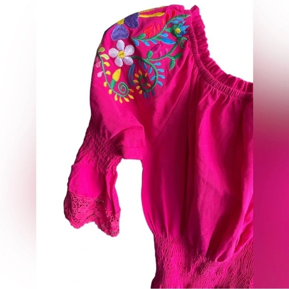 Mexican Embroidered Pink Elastic Waist 3/4 Sleeves Crochet Cotton Mini Dress S/M - Picture 3 of 12